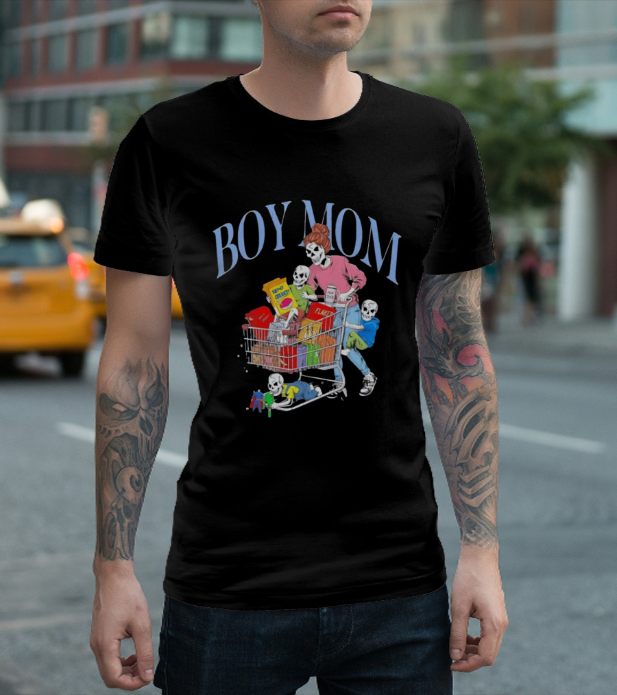 Boy Mom Skeleton With Kids Pushing Shopping Cart Eating Cereal T-Shirt