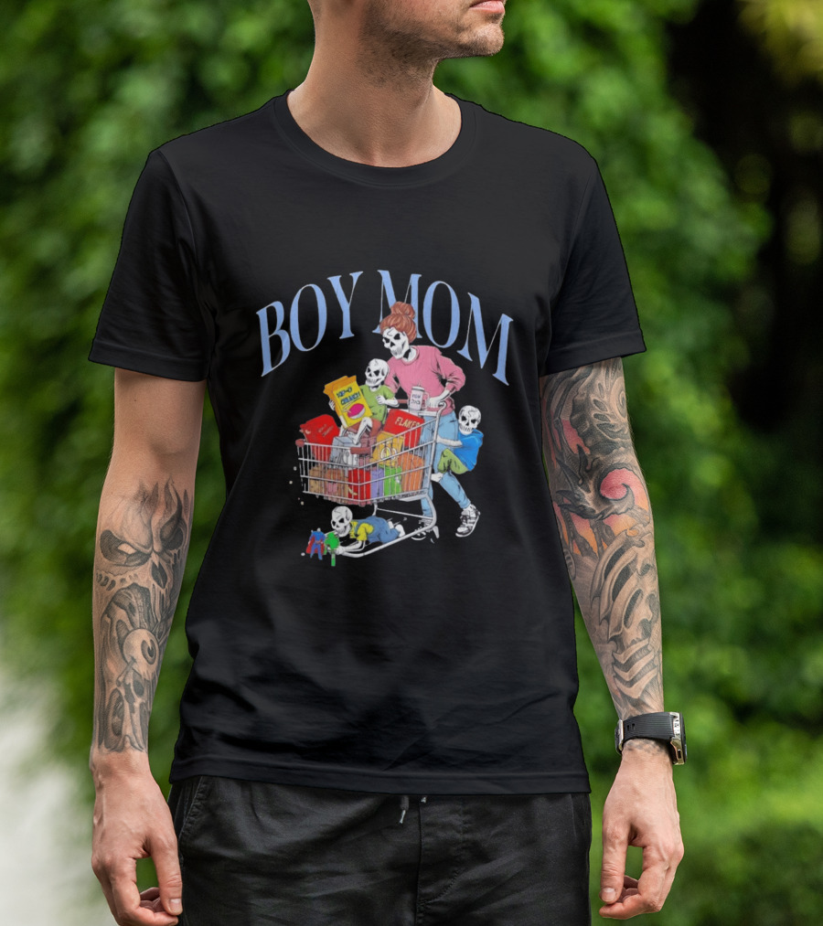 Boy Mom Skeleton With Kids Pushing Shopping Cart Eating Cereal T-Shirt