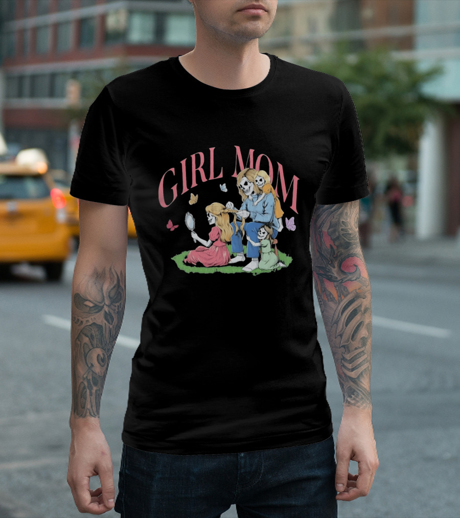 Girl Mom Skeleton Mother Braiding Hair With Daughters And Butterflies T-Shirt