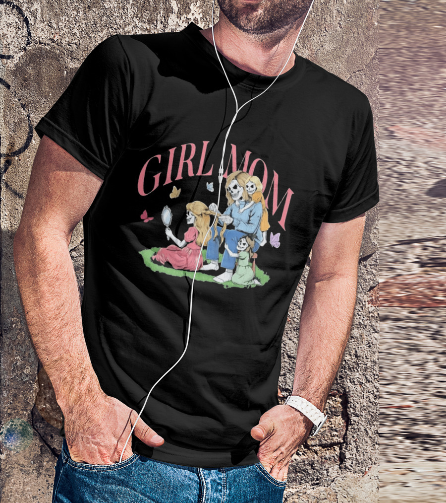 Girl Mom Skeleton Mother Braiding Hair With Daughters And Butterflies T-Shirt