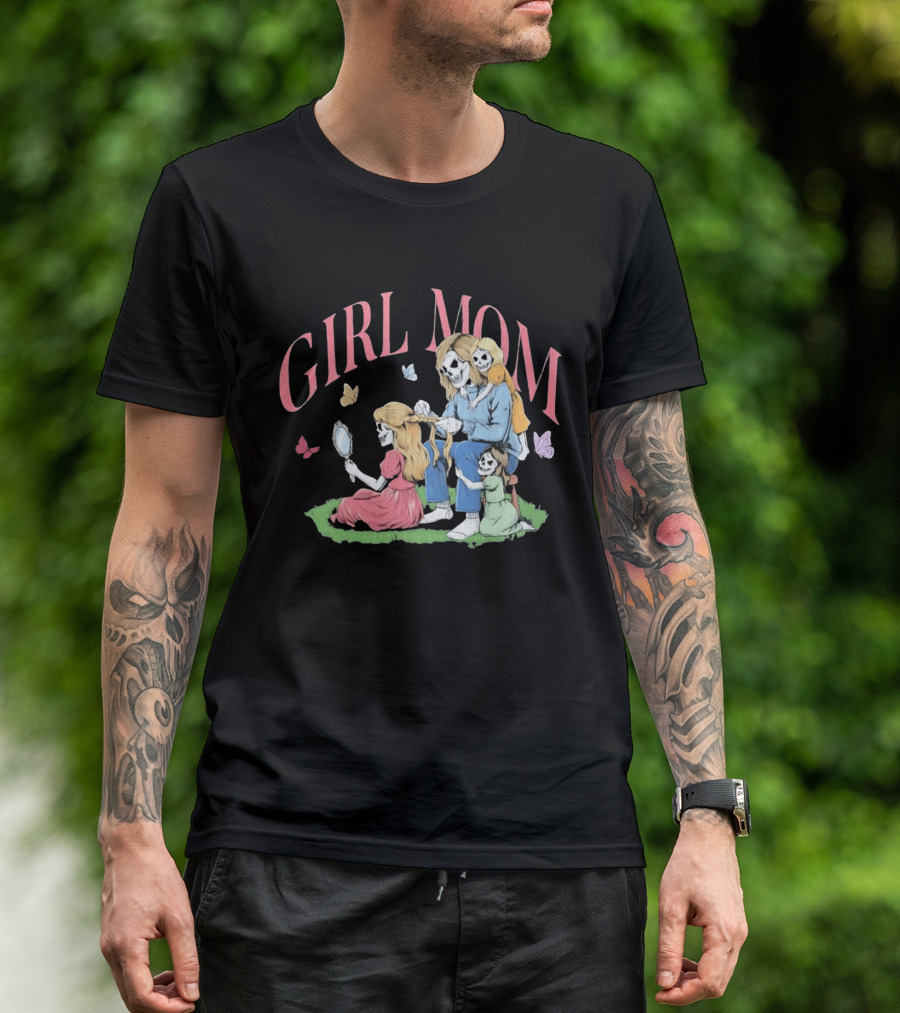 Girl Mom Skeleton Mother Braiding Hair With Daughters And Butterflies T-Shirt