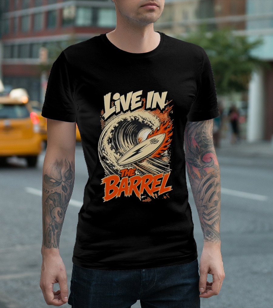 Live In The Barrel Flaming Surfboard Surf T-Shirt