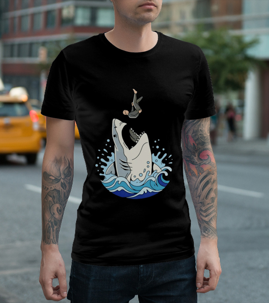Great White Shark Surfer Falling Water Splash Scene T-Shirt