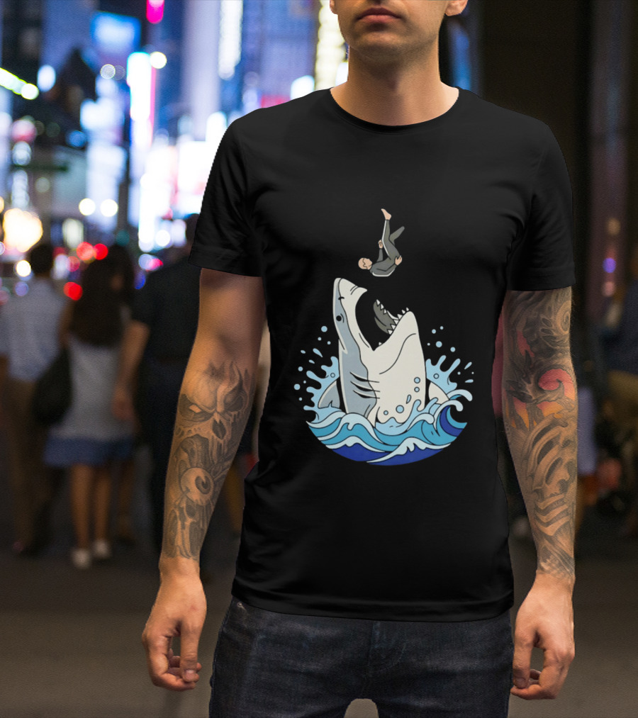 Great White Shark Surfer Falling Water Splash Scene T-Shirt