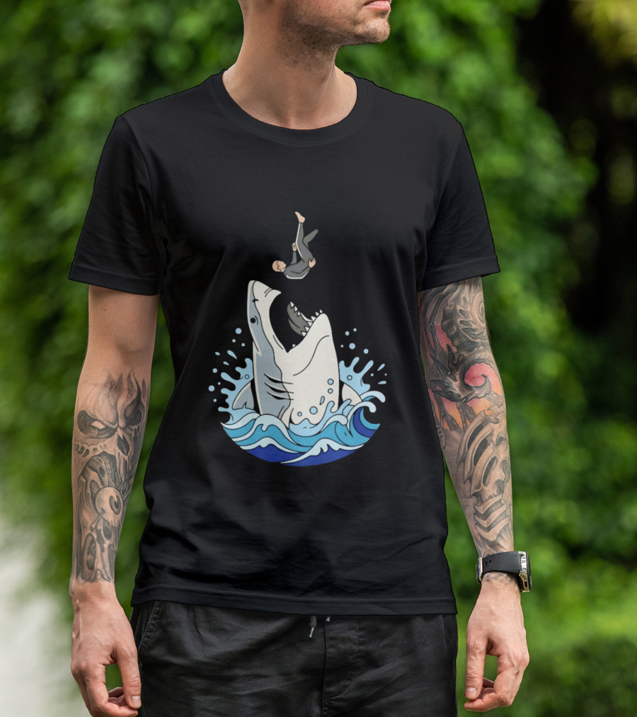 Great White Shark Surfer Falling Water Splash Scene T-Shirt
