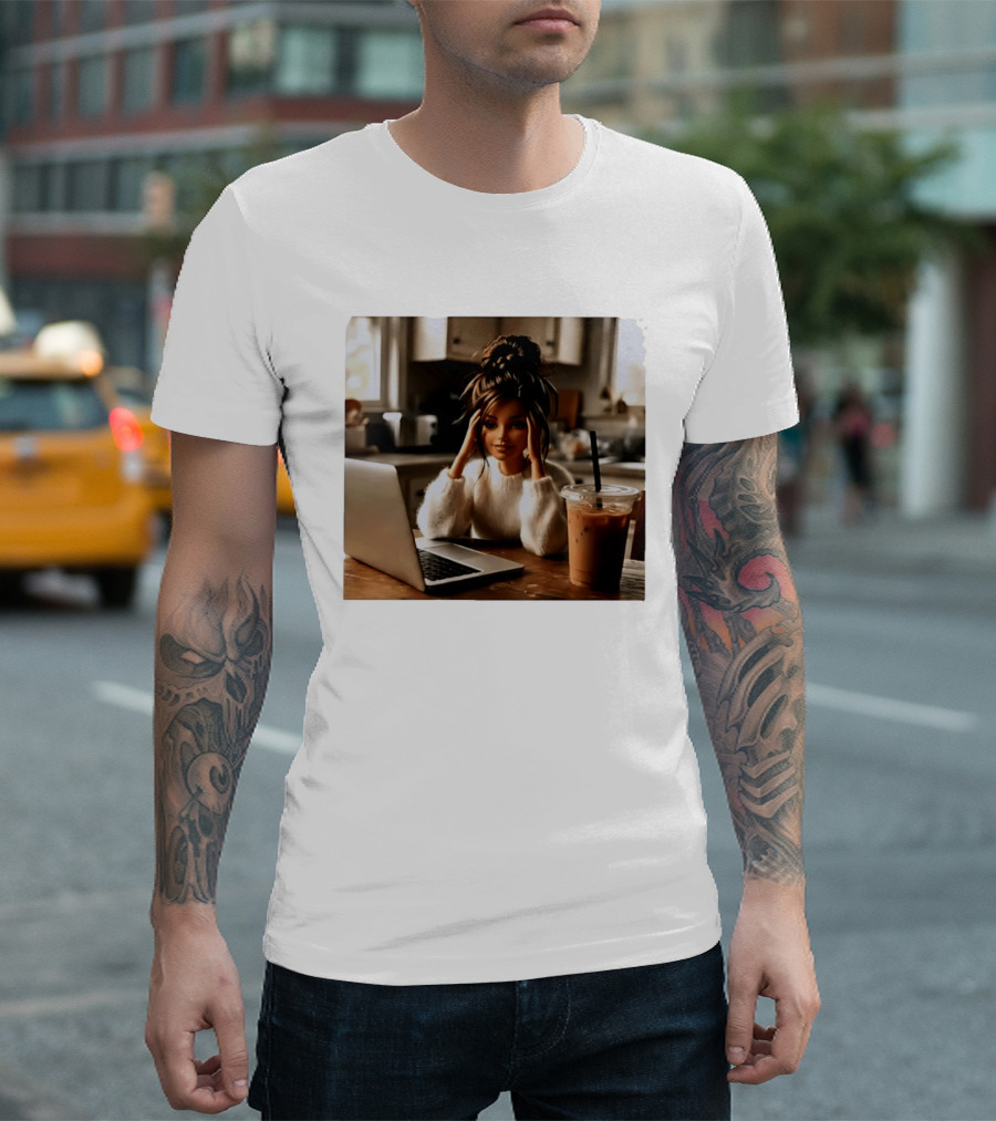 Crashing Out Barbie Girl With Coffee And Laptop Vibes T-Shirt