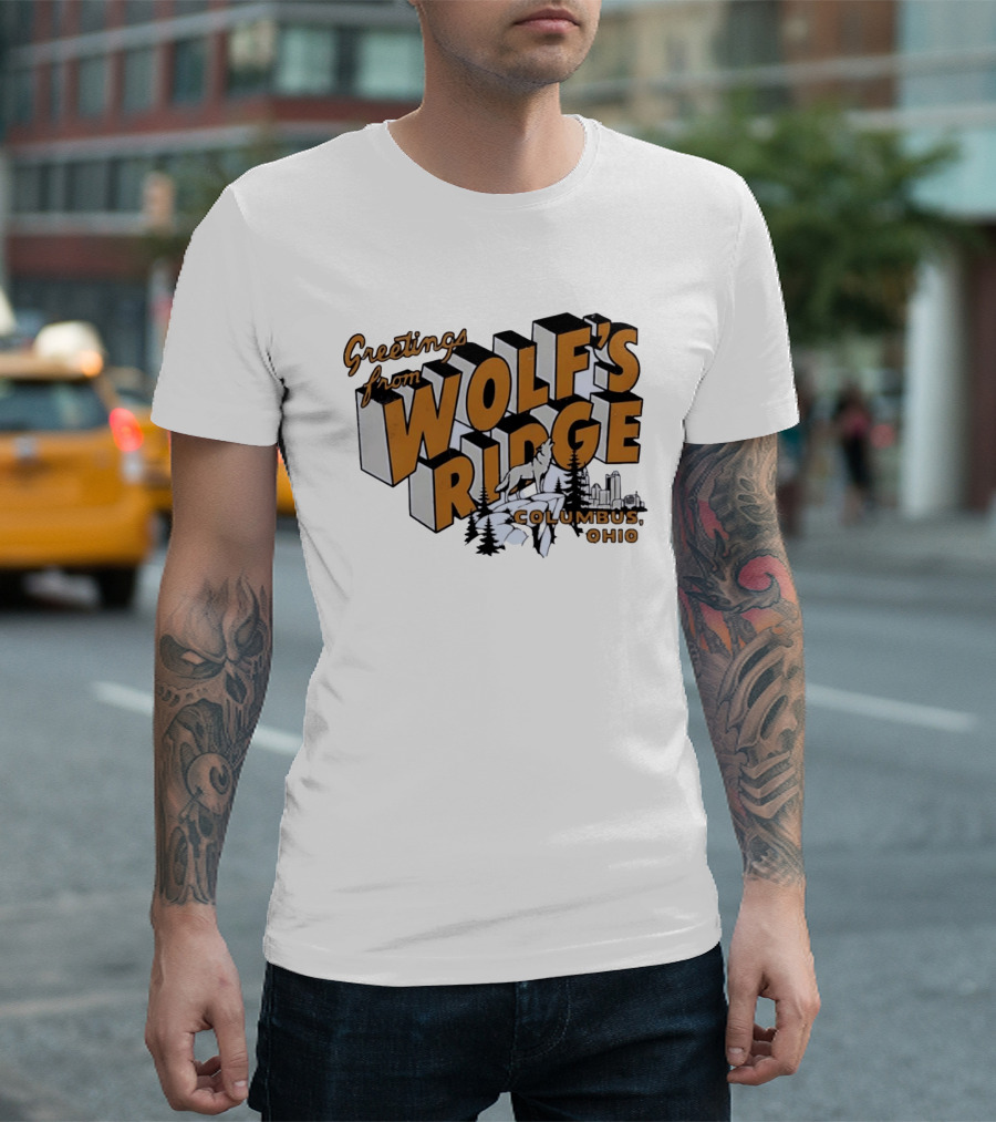 Greetings From Wolf's Ridge Columbus Ohio Wolf And Skyline Scene T-Shirt