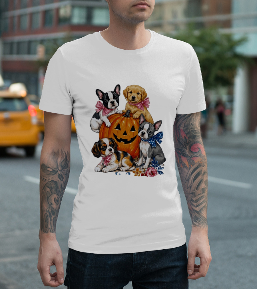 Puppies With Pink And Blue Bows Jack O' Lantern Pumpkin Halloween T-Shirt