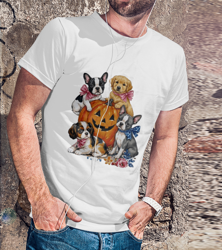 Puppies With Pink And Blue Bows Jack O' Lantern Pumpkin Halloween T-Shirt