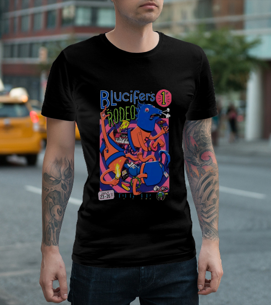Blucifer's First Rodeo Denver CO July 23 26 2026 Colorful Cartoon T-Shirt