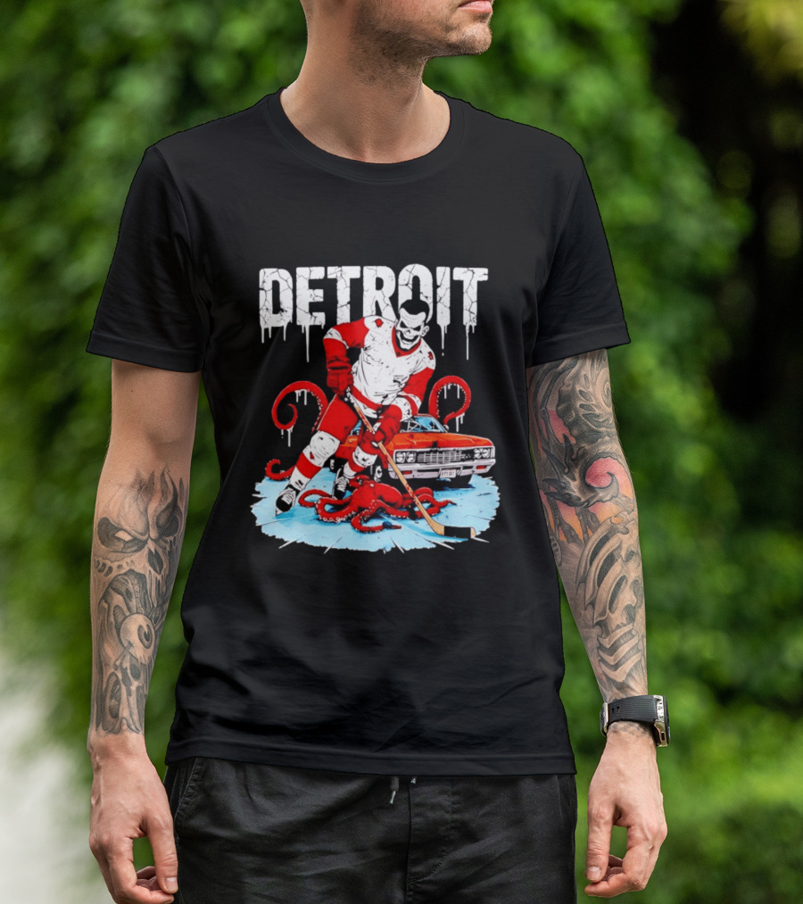 Detroit Hockey Skeleton Octopus Muscle Car T-Shirt