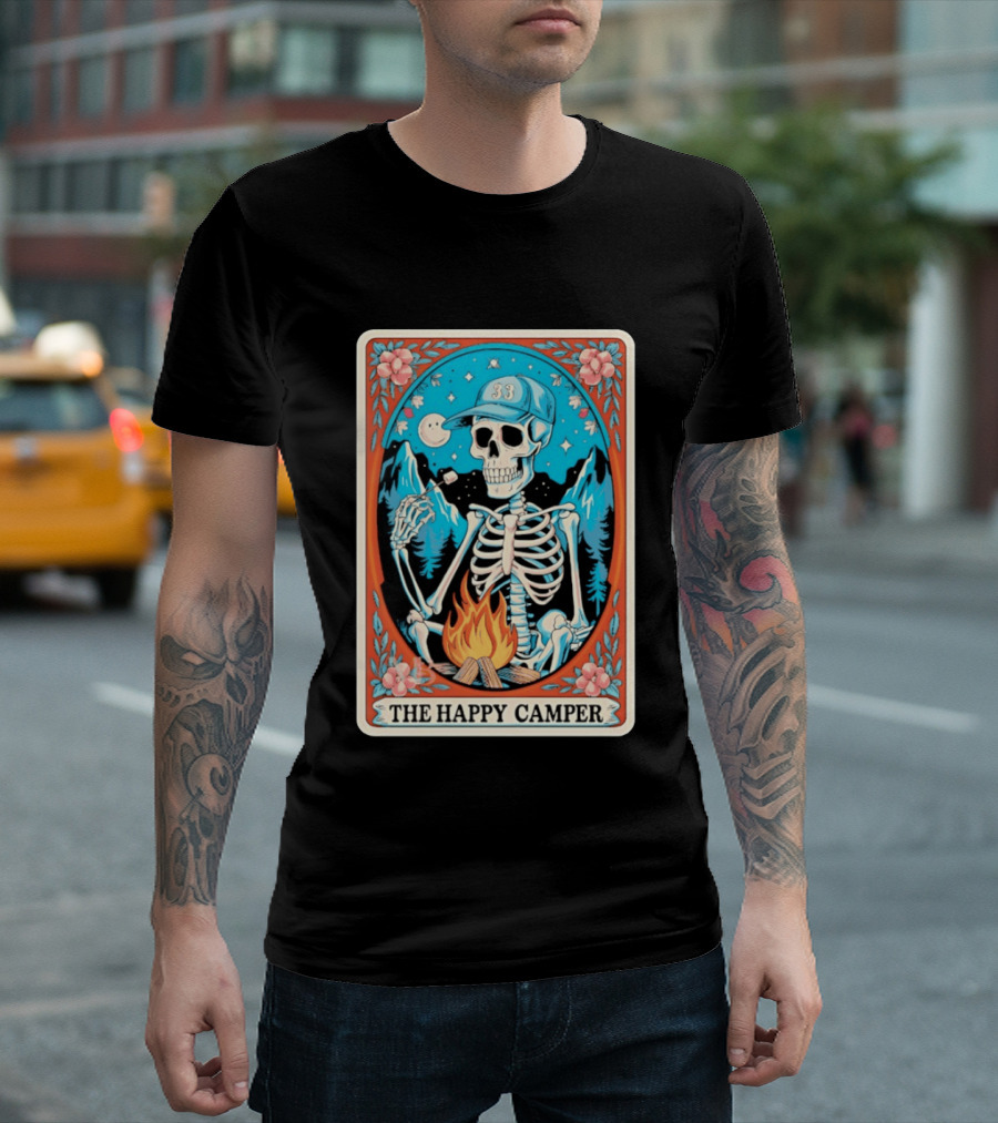 The Happy Camper Skeleton 33 Marshmallow Campfire Scene T-Shirt