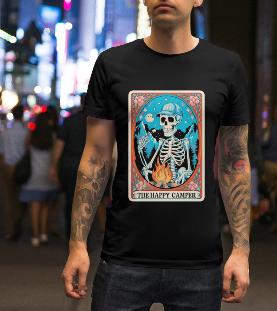 The Happy Camper Skeleton 33 Marshmallow Campfire Scene T-Shirt