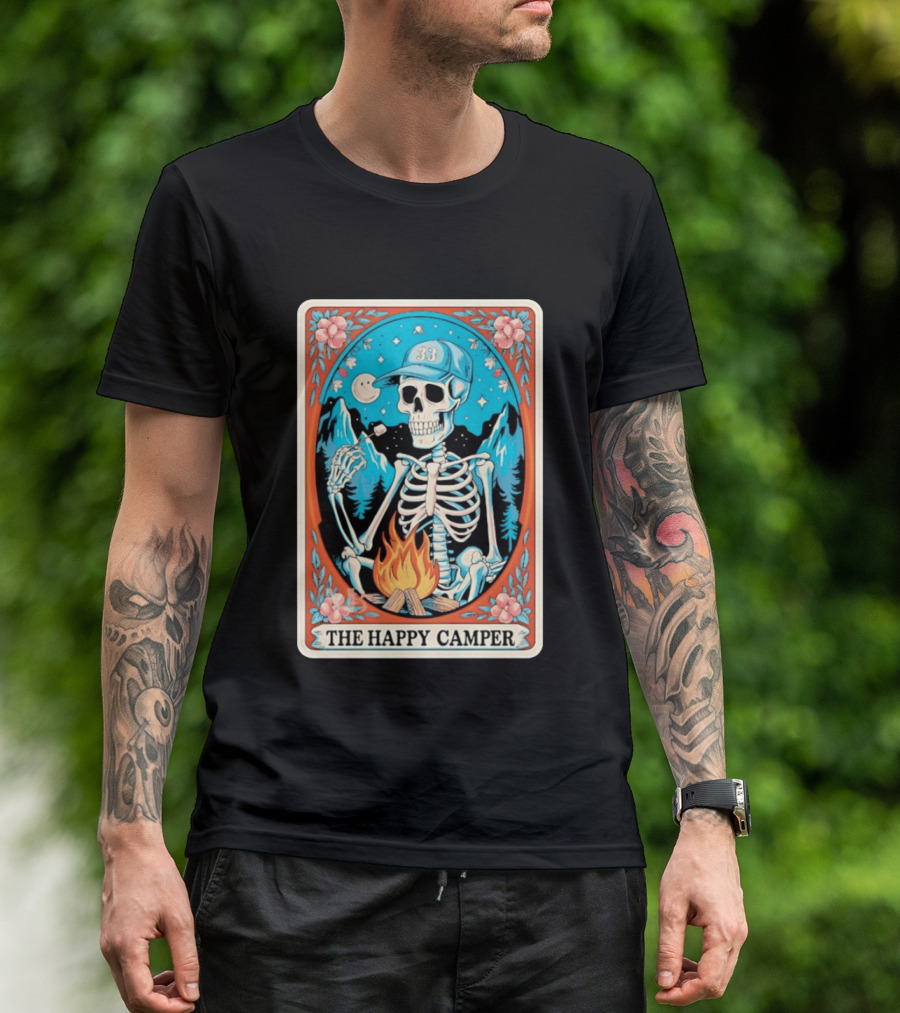 The Happy Camper Skeleton 33 Marshmallow Campfire Scene T-Shirt