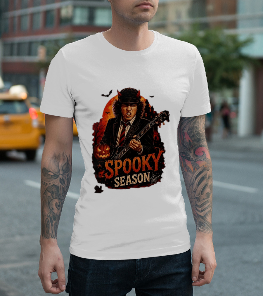 Spooky Season Angus Young Halloween AC DC Inspired Pumpkin Guitar T-Shirt