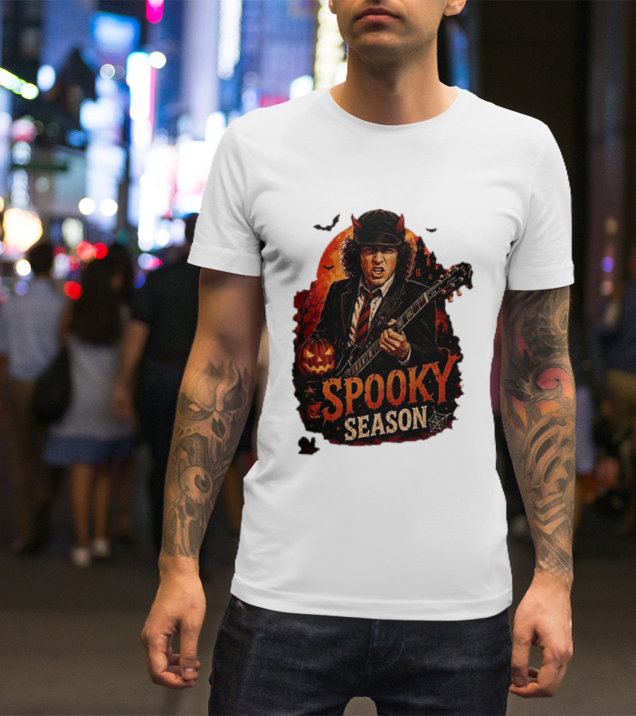 Spooky Season Angus Young Halloween AC DC Inspired Pumpkin Guitar T-Shirt