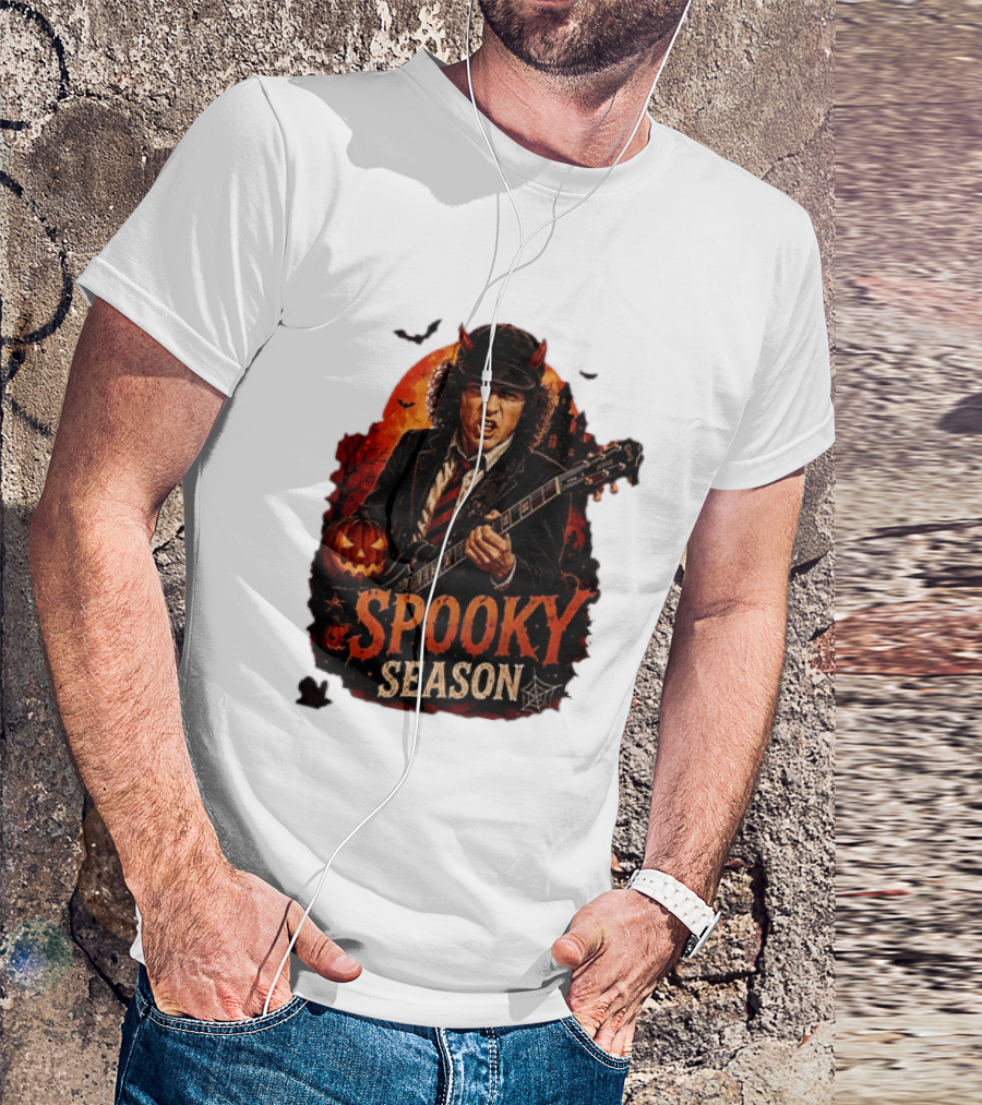 Spooky Season Angus Young Halloween AC DC Inspired Pumpkin Guitar T-Shirt