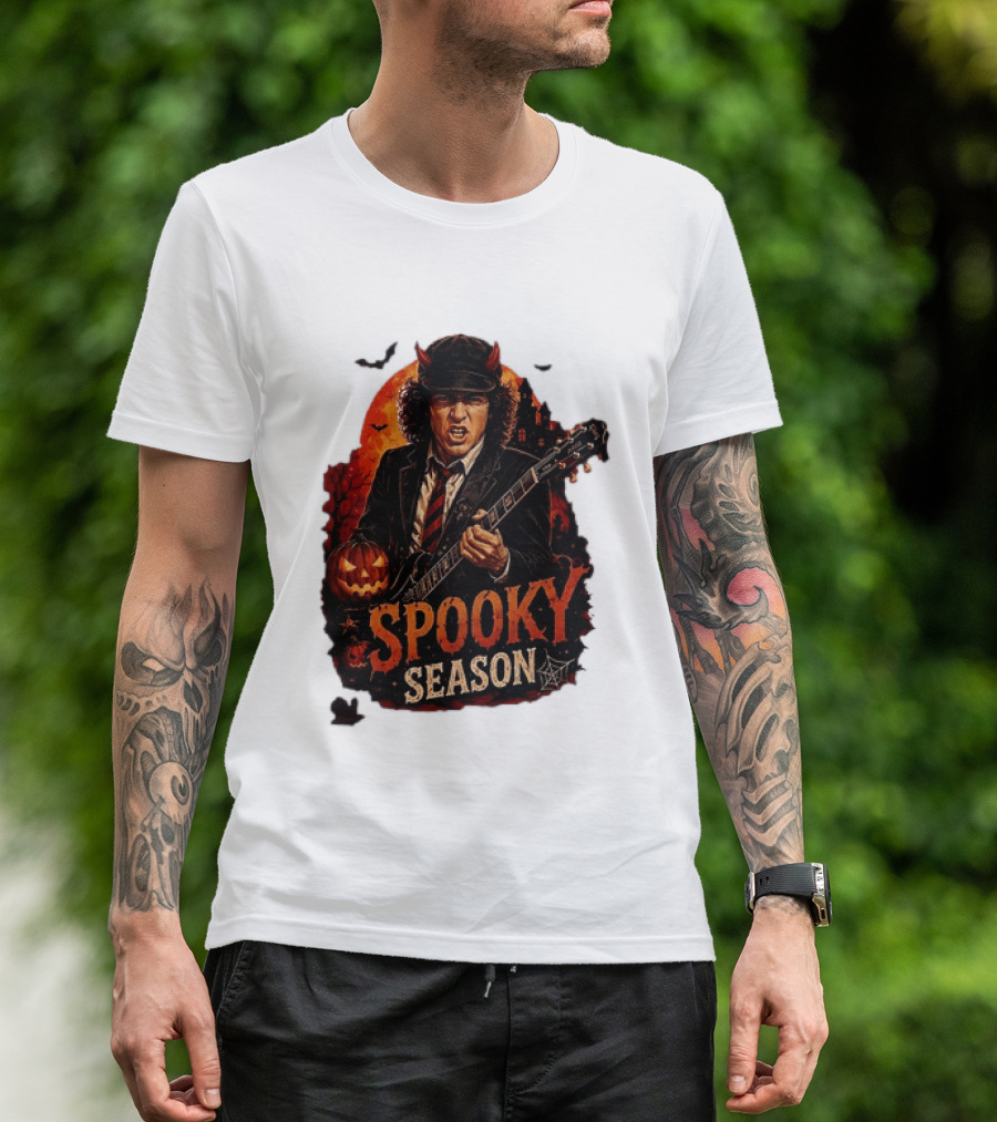 Spooky Season Angus Young Halloween AC DC Inspired Pumpkin Guitar T-Shirt