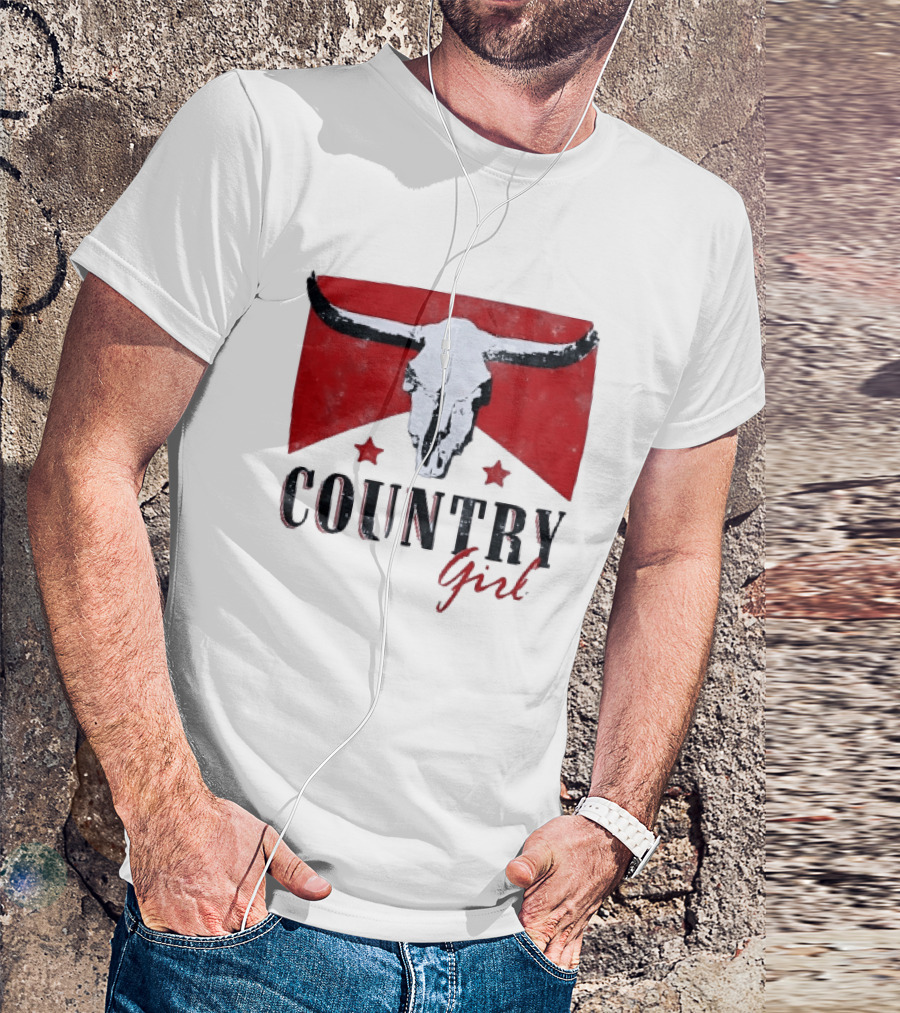 Country Girl Western Bull Skull Red Star Banner T-Shirt