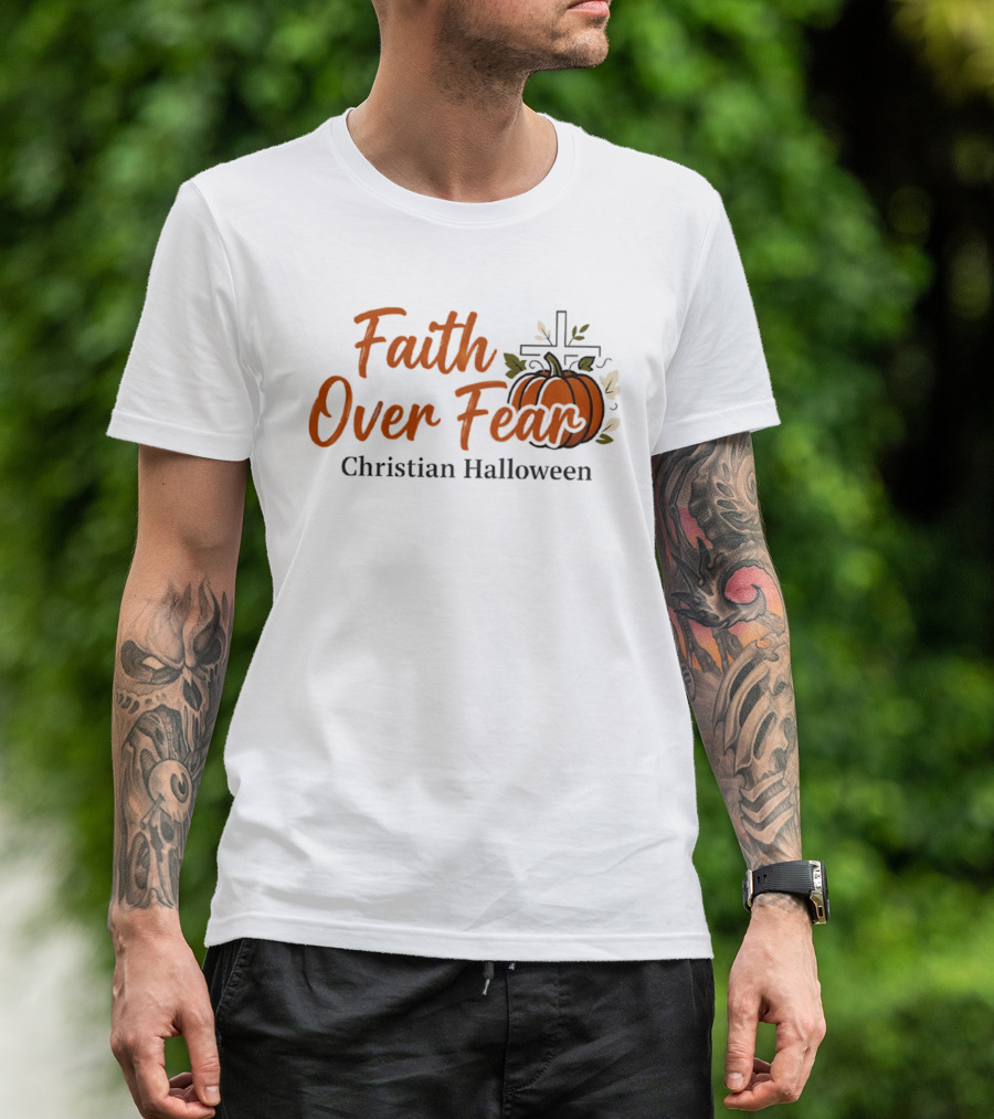 Faith Over Fear Christian Halloween Pumpkin Cross T-Shirt