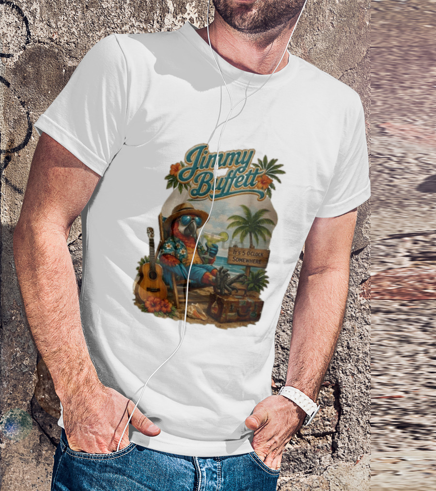 Jimmy Buffett It's 5 O' Somewhere Tropical Parrot Beach Guitar Cocktails Palm Trees T-Shirt