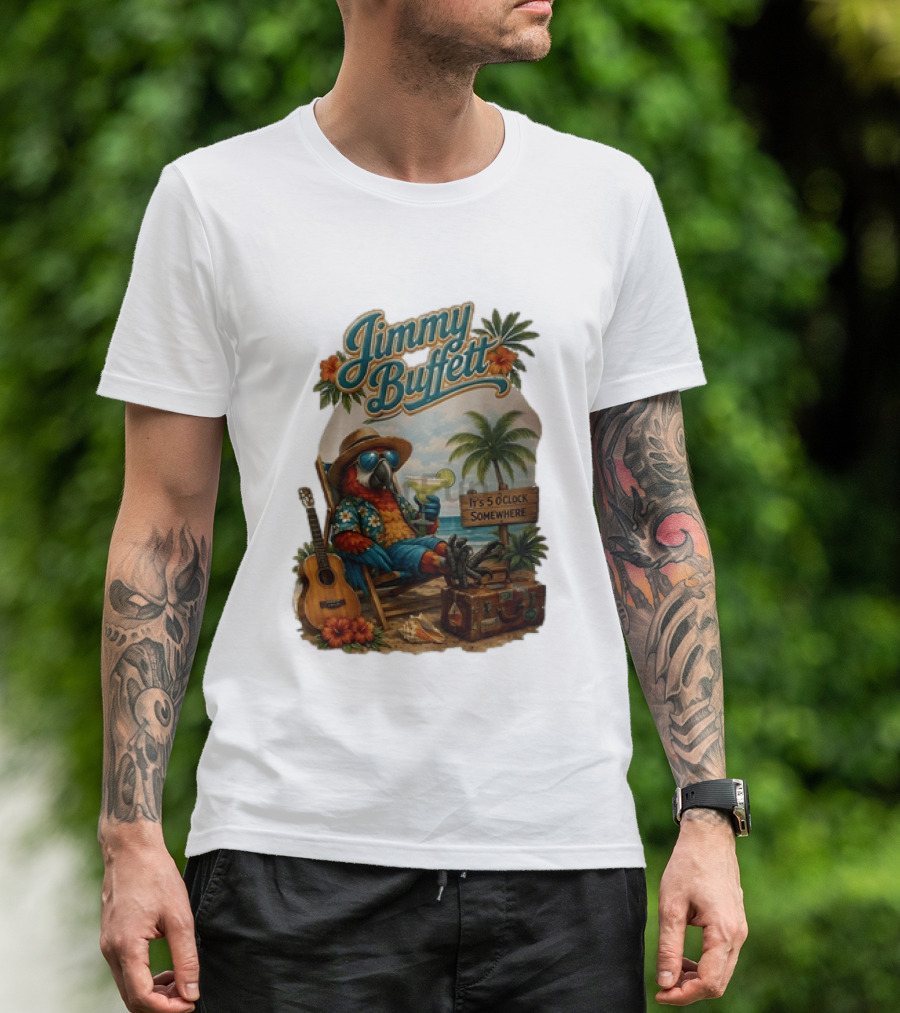 Jimmy Buffett It's 5 O' Somewhere Tropical Parrot Beach Guitar Cocktails Palm Trees T-Shirt