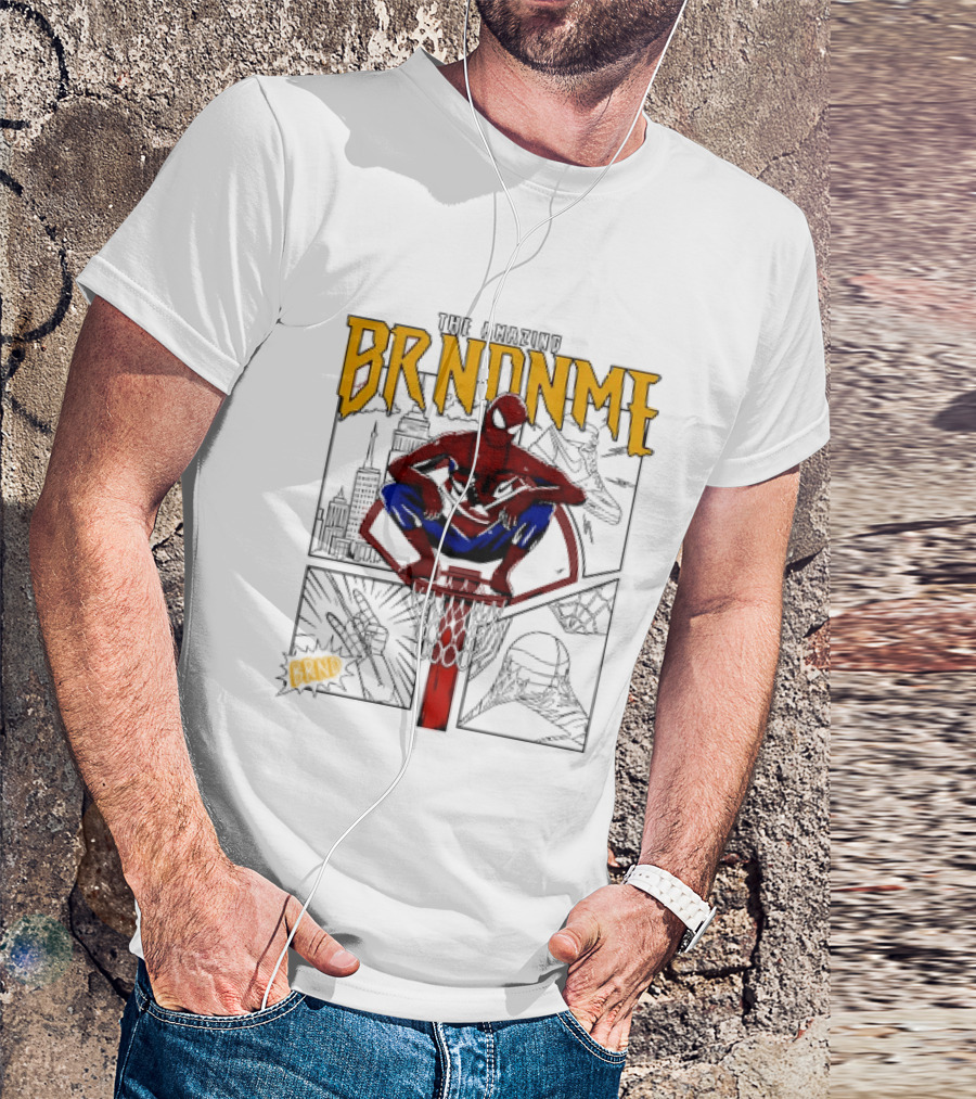 The Amazing Brndnme Spider Man Squatting On Basketball Hoop Cityscape Comic Panels T-Shirt