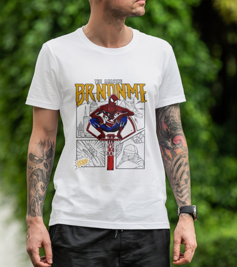 The Amazing Brndnme Spider Man Squatting On Basketball Hoop Cityscape Comic Panels T-Shirt