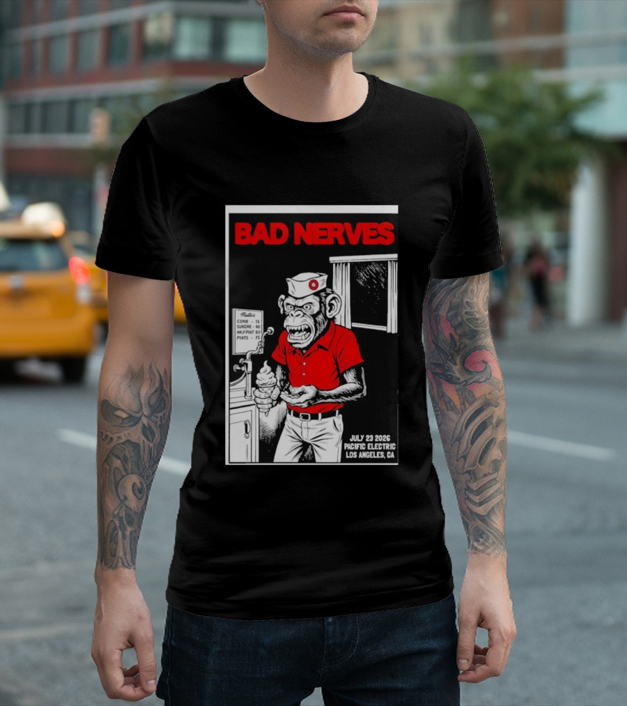 Bad Nerves July 23 2026 Pacific Electric Los Angeles Monkey Ice Cream Server Comic T-Shirt