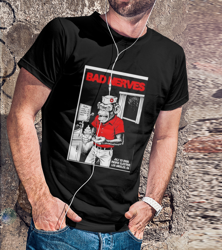 Bad Nerves July 23 2026 Pacific Electric Los Angeles Monkey Ice Cream Server Comic T-Shirt