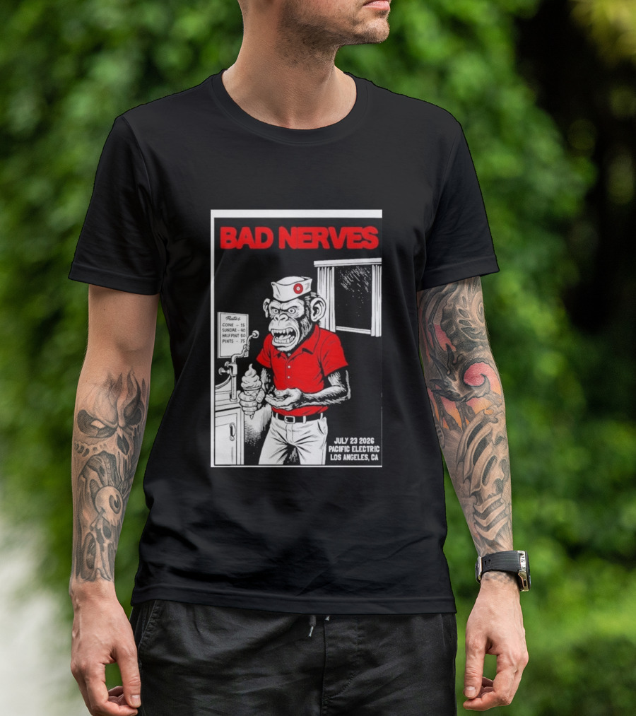 Bad Nerves July 23 2026 Pacific Electric Los Angeles Monkey Ice Cream Server Comic T-Shirt
