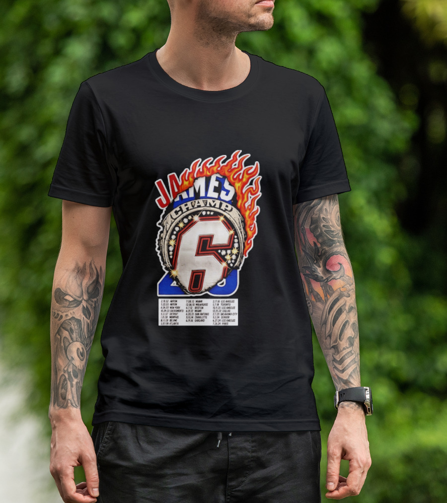 LeBron James Champ 6 Milestone Dates Cleveland Miami Los Angeles 2012 2013 2016 2020 T-Shirt