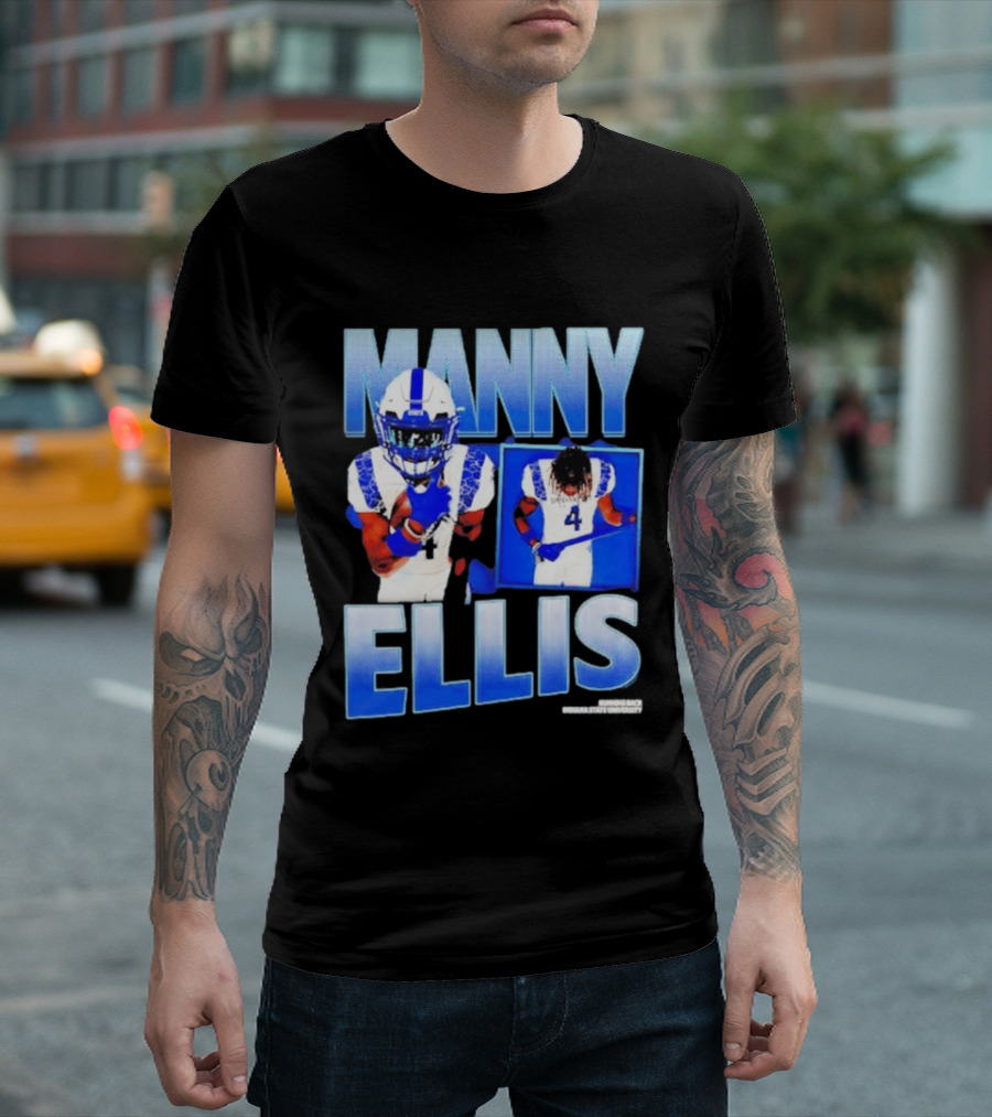 Manny Ellis Indiana State Running Back Football Jersey Number 4 Blue And White T-Shirt