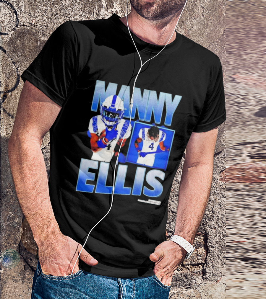 Manny Ellis Indiana State Running Back Football Jersey Number 4 Blue And White T-Shirt