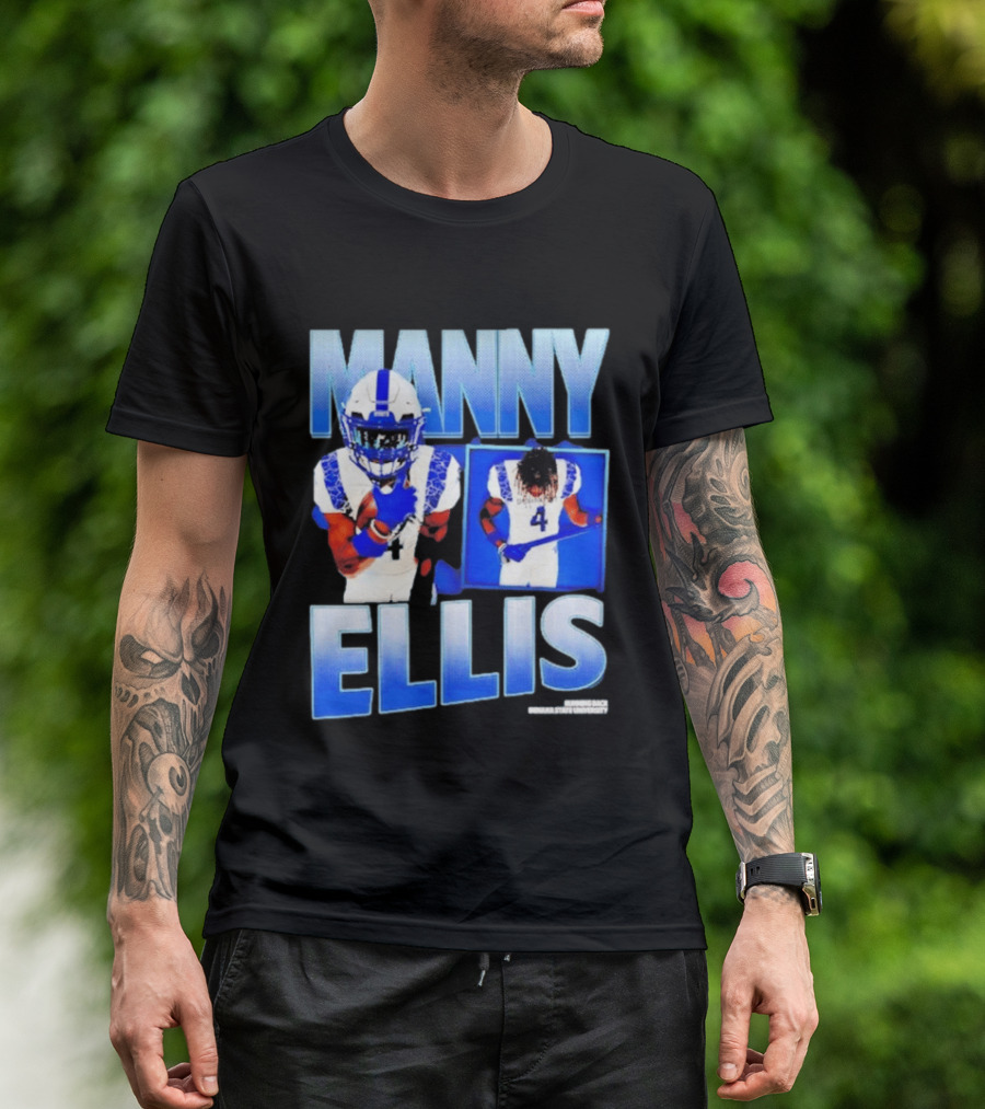 Manny Ellis Indiana State Running Back Football Jersey Number 4 Blue And White T-Shirt