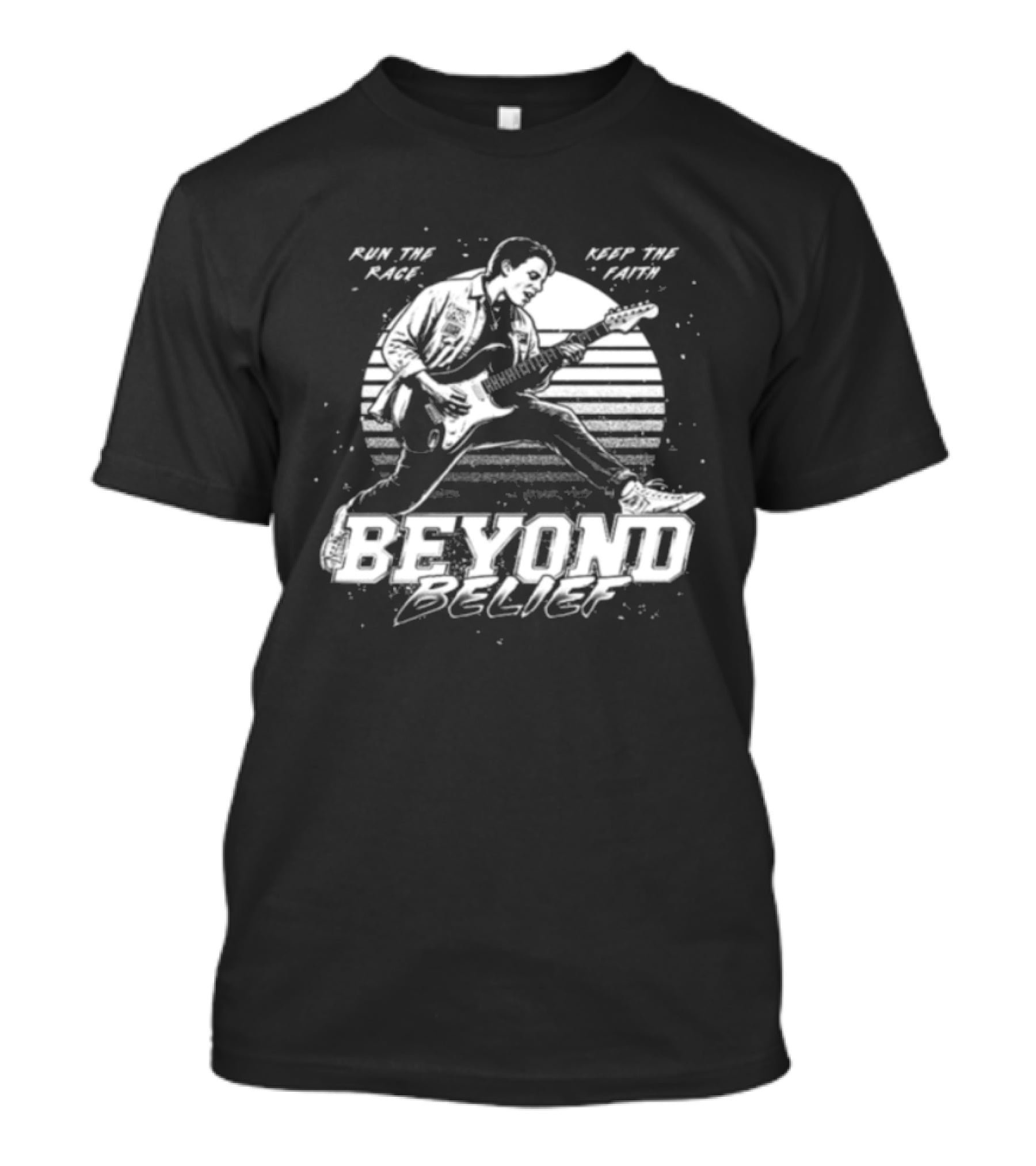 Girder Music Store Beyond Belief Run The Race Keep The Faith Guitar Player T-Shirt