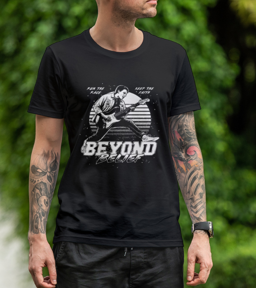 Girder Music Store Beyond Belief Run The Race Keep The Faith Guitar Player T-Shirt