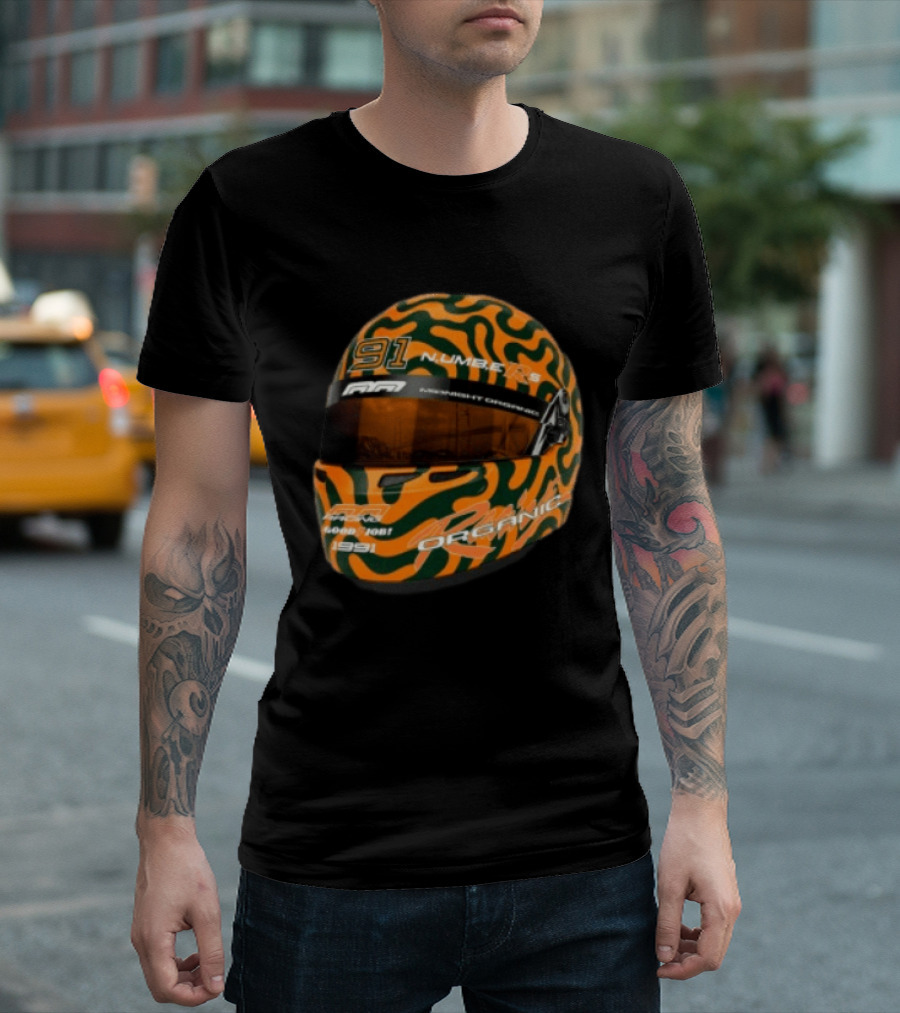 Midnight Organic Store Formula Helmet 91 Number 1991 RPM Orange Green T-Shirt
