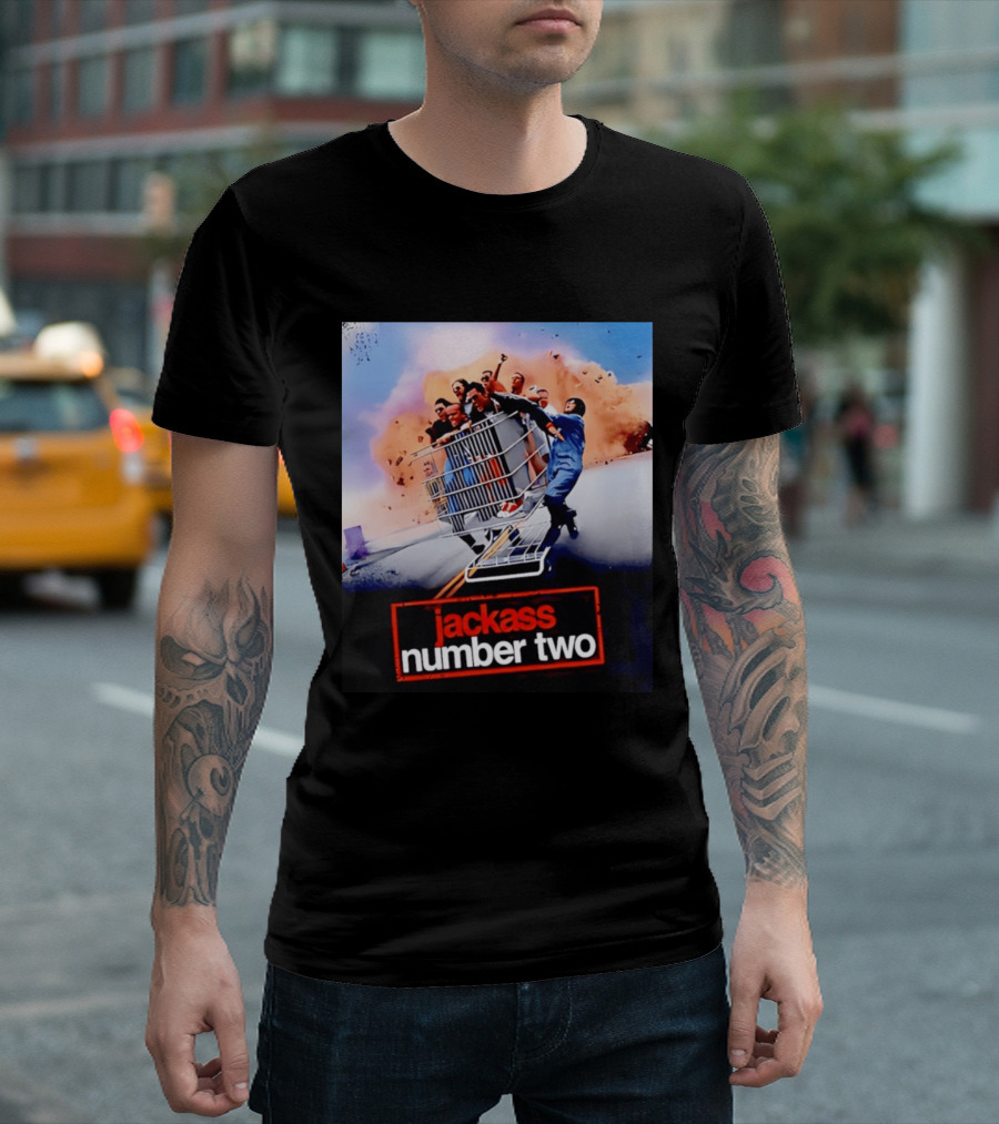 Jackass Number Two Movie Cast In Shopping Cart Action Scene Explosion T-Shirt