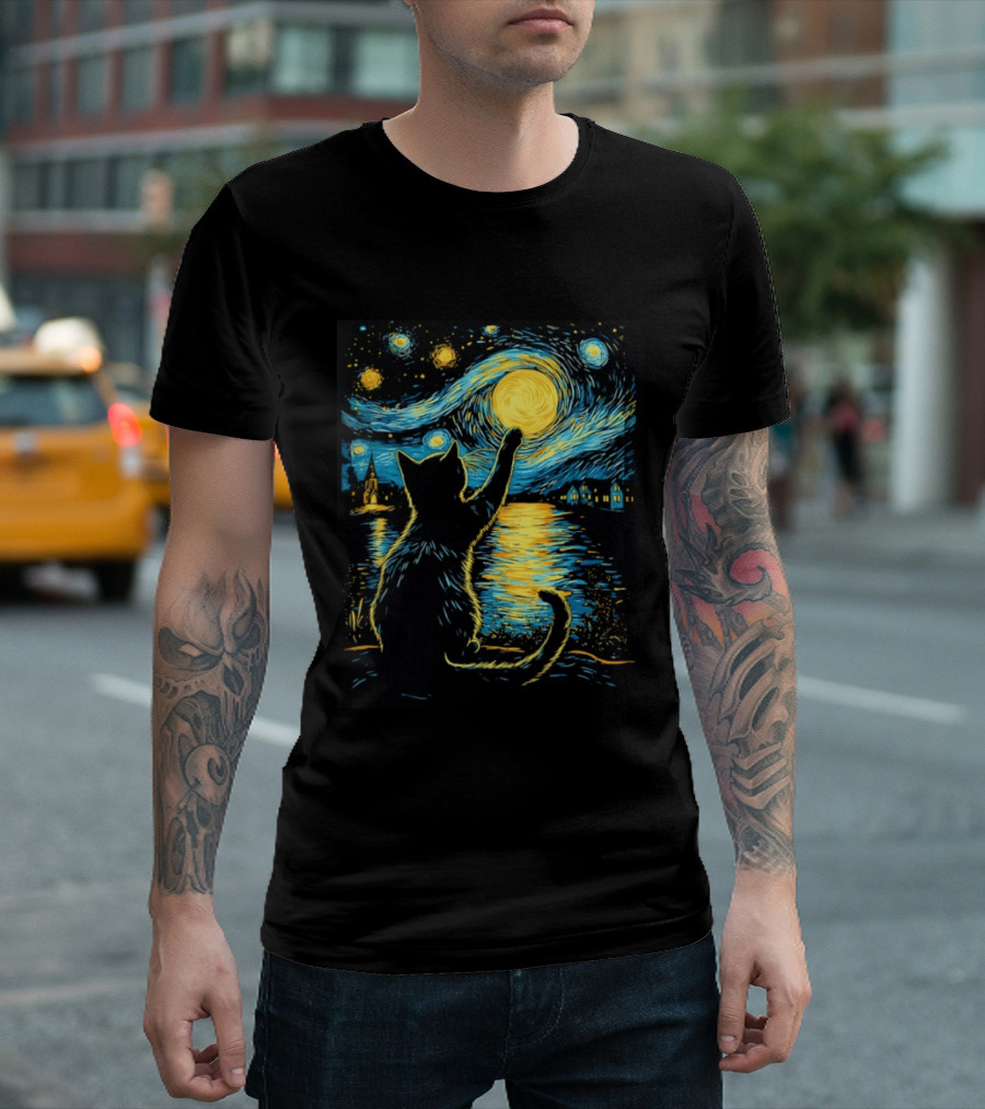Cat Reaching For The Moon Starry Night Van Gogh Inspired Scene T-Shirt