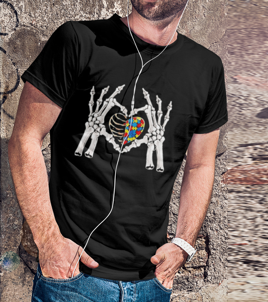 Skeleton Hands Heart Autism Puzzle Piece Awareness T-Shirt