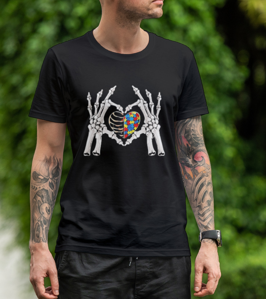 Skeleton Hands Heart Autism Puzzle Piece Awareness T-Shirt