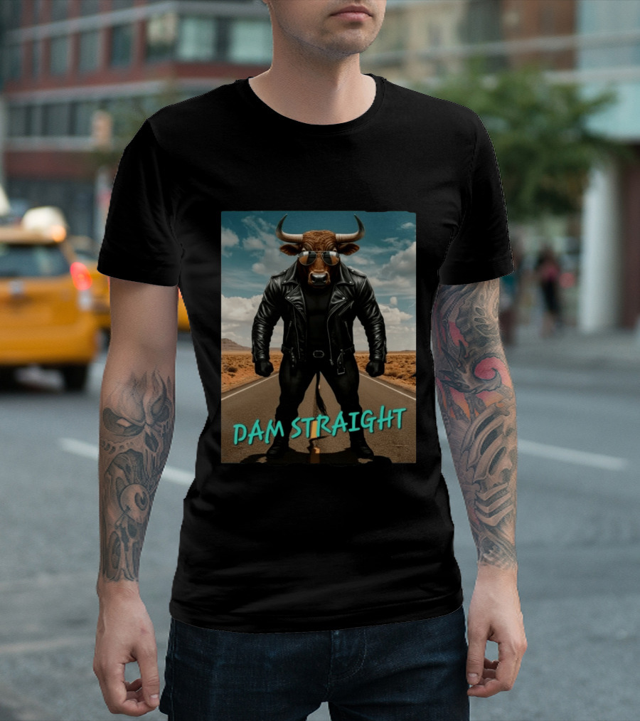 Dam Straight Charging Bull In Basquiat Style With Leather Jacket T-Shirt