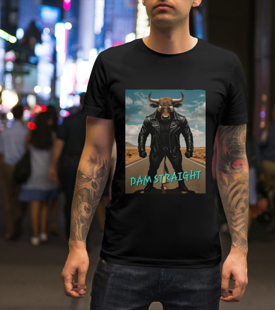 Dam Straight Charging Bull In Basquiat Style With Leather Jacket T-Shirt
