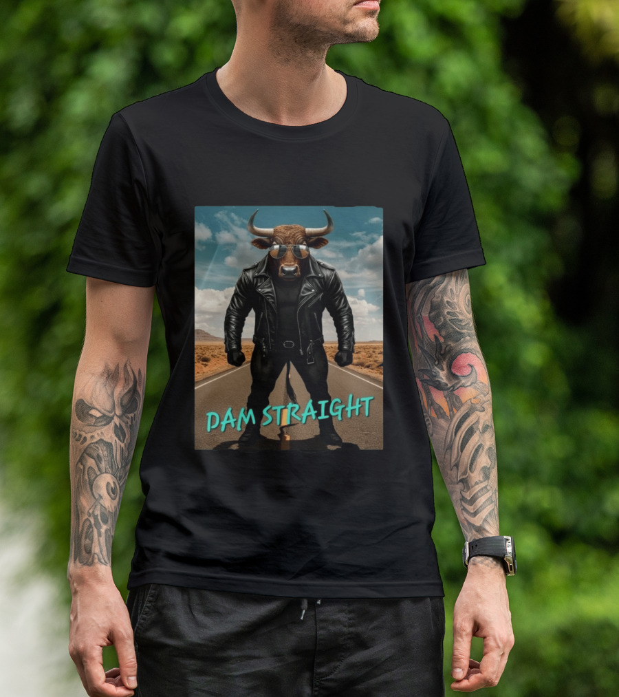 Dam Straight Charging Bull In Basquiat Style With Leather Jacket T-Shirt