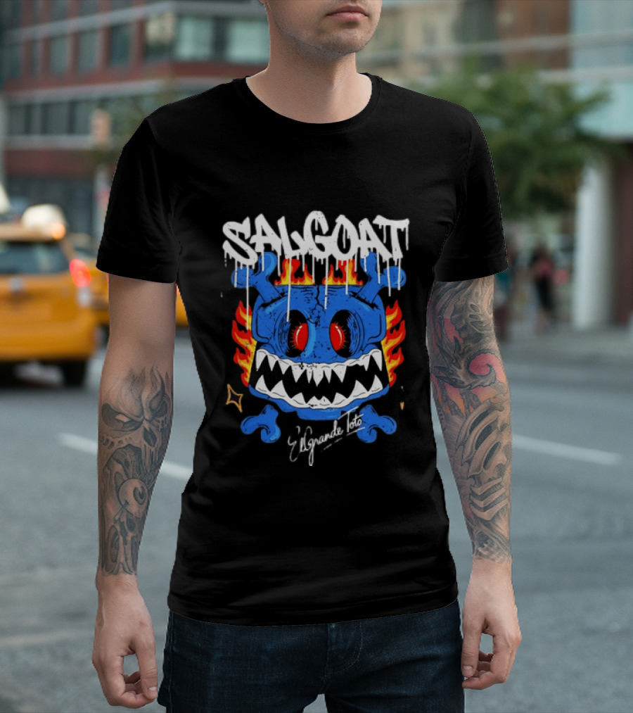 ElGrandeToto Salgoat Hip Hop Streetwear Blue Skull Flame T-Shirt
