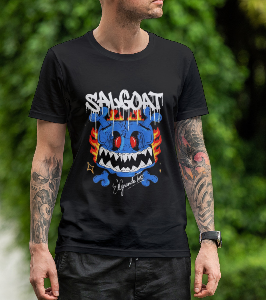 ElGrandeToto Salgoat Hip Hop Streetwear Blue Skull Flame T-Shirt