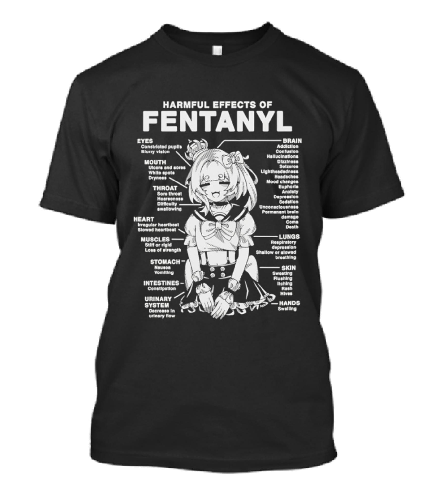Harmful Effects Of Fentanyl Infographic Anime Character Eyes Mouth Heart Muscles Oxygen Intoxication T-Shirt