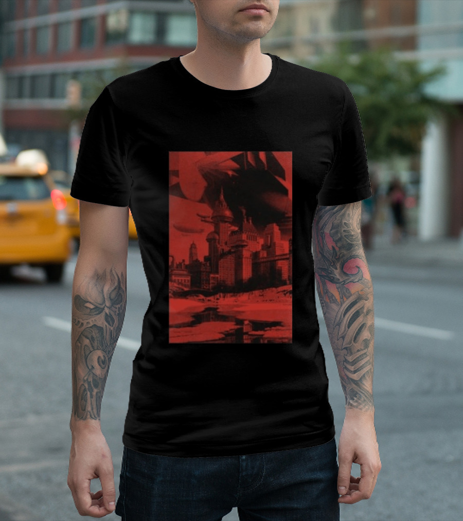 The Barbarians Of California Megatons Pull Retro Futuristic Cityscape Airships T-Shirt