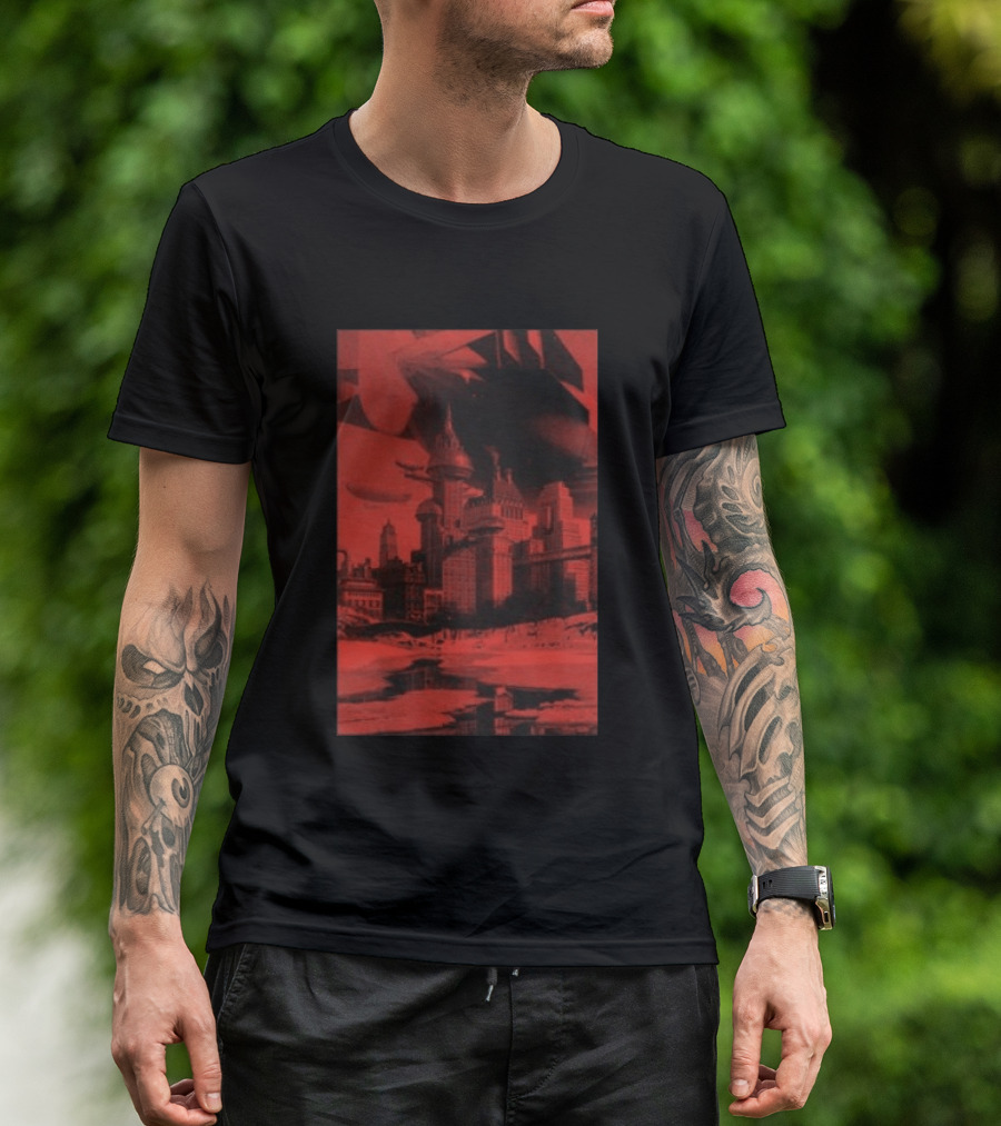 The Barbarians Of California Megatons Pull Retro Futuristic Cityscape Airships T-Shirt